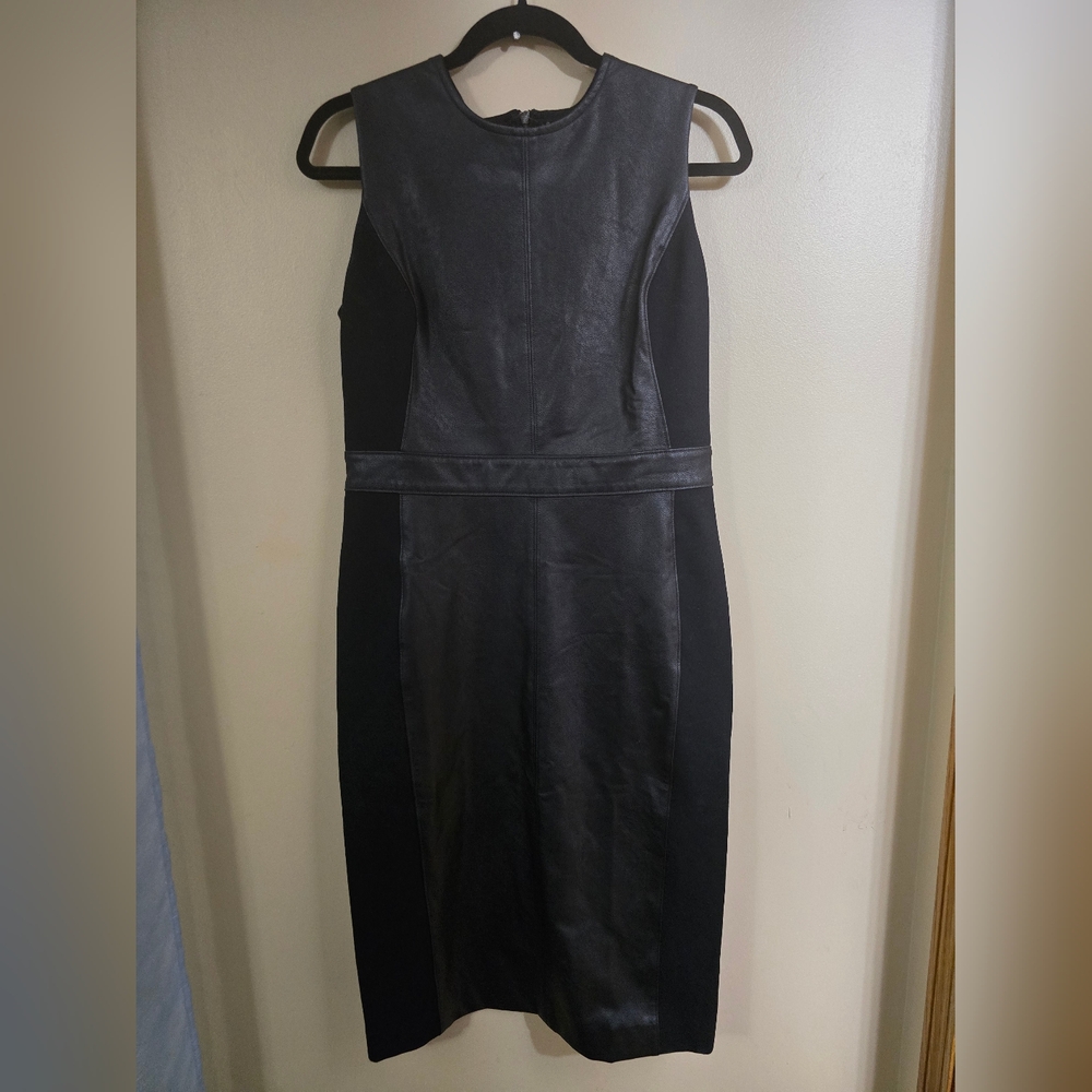 SPANX Black Faux Leather Paneled Midi Dress